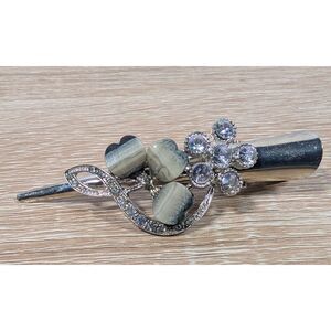 Vintage Rhinestone Floral Hair Barrette Clip Silver Tone Stone Accent